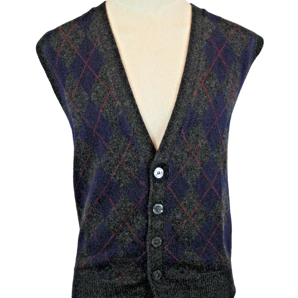 Mens Lord & Taylor Charcoal Argyle 100% Lambswool Cardigan Casual Sweater sz L